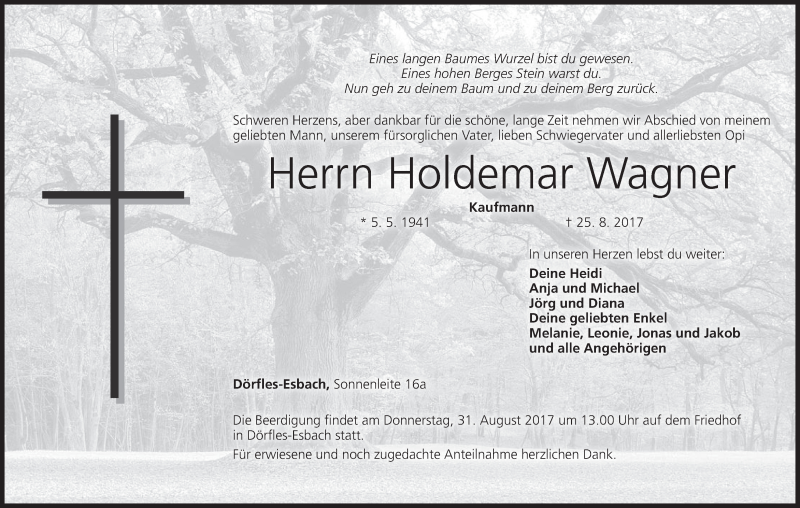  Traueranzeige für Holdemar Wagner vom 28.08.2017 aus MGO