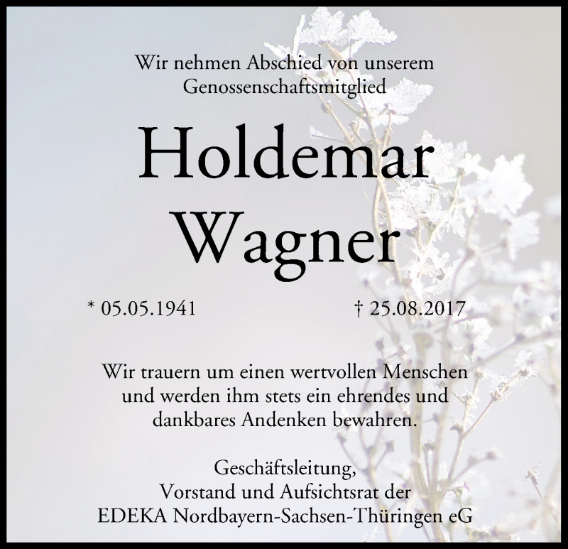  Traueranzeige für Holdemar Wagner vom 30.08.2017 aus MGO