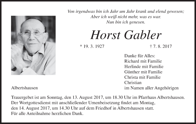  Traueranzeige für Horst Gabler vom 10.08.2017 aus MGO