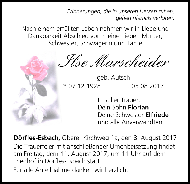  Traueranzeige für Ilse MArscheider vom 08.08.2017 aus MGO