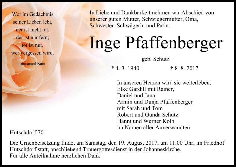  Traueranzeige für Inge Pfaffenberger vom 16.08.2017 aus MGO