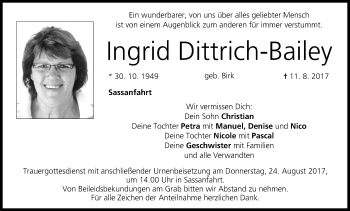 Anzeige von Ingrid Dittrich-Bailey von MGO