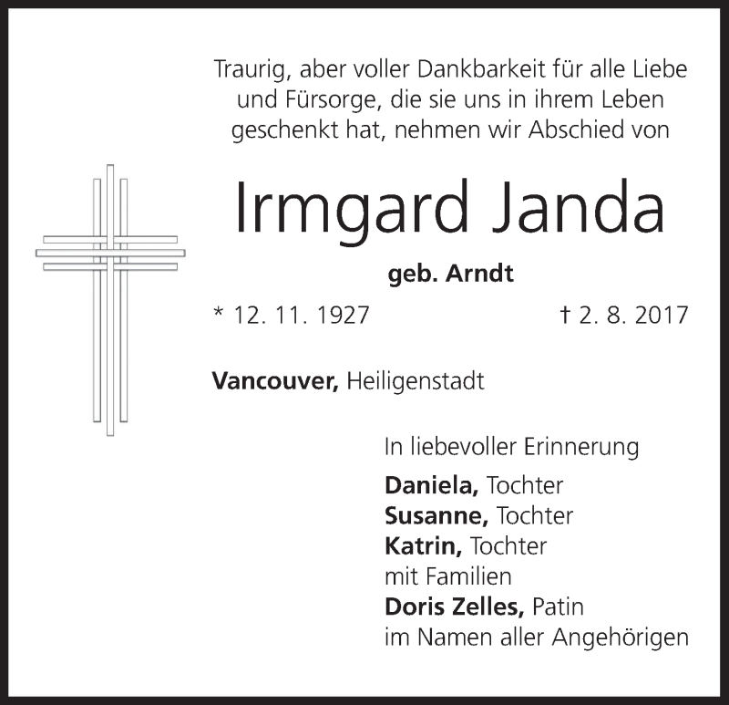  Traueranzeige für Irmgard Janda vom 04.08.2017 aus MGO