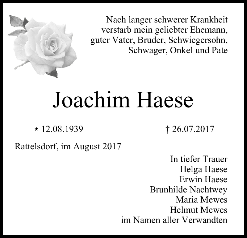  Traueranzeige für Joachim Haese vom 12.08.2017 aus MGO