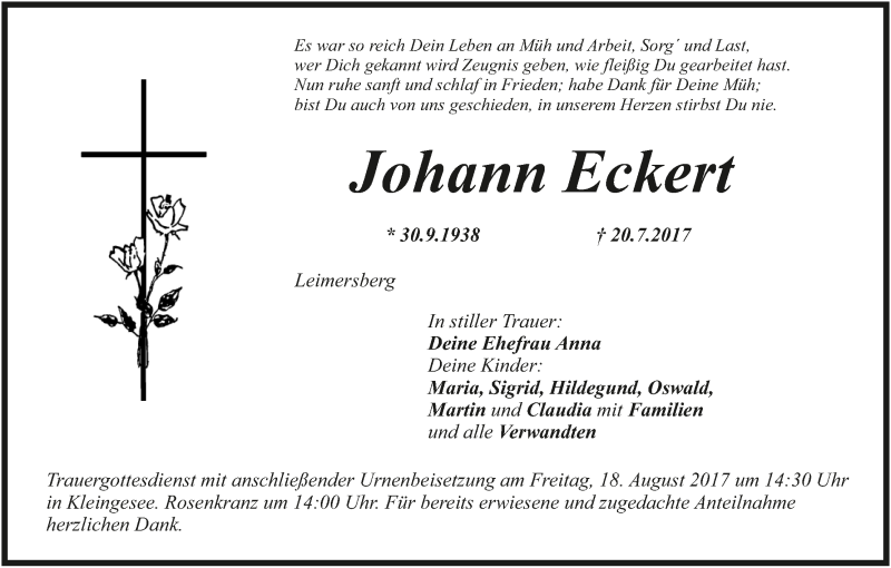  Traueranzeige für Johann Eckert vom 15.08.2017 aus MGO