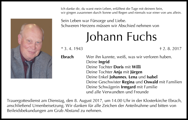  Traueranzeige für Johann Fuchs vom 05.08.2017 aus MGO