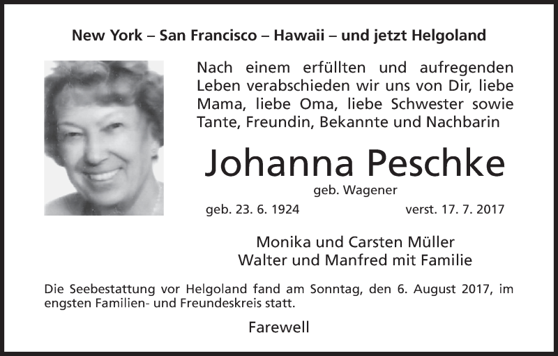  Traueranzeige für Johanna Peschke vom 15.08.2017 aus MGO