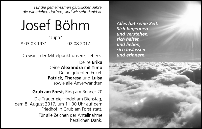  Traueranzeige für Josef Böhm vom 04.08.2017 aus MGO