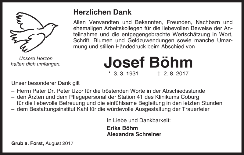  Traueranzeige für Josef Böhm vom 19.08.2017 aus MGO