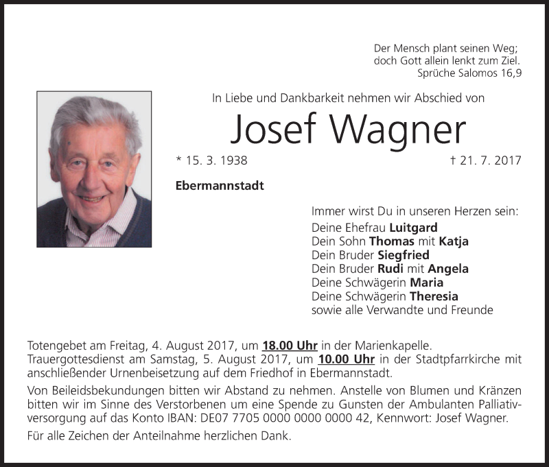  Traueranzeige für Josef Wagner vom 02.08.2017 aus MGO