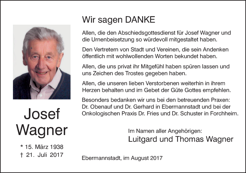  Traueranzeige für Josef Wagner vom 26.08.2017 aus MGO