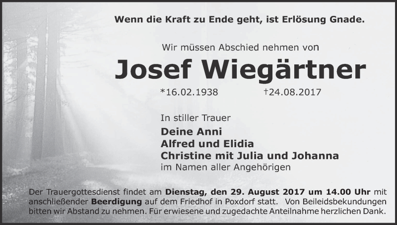  Traueranzeige für Josef Wiegärtner vom 26.08.2017 aus MGO