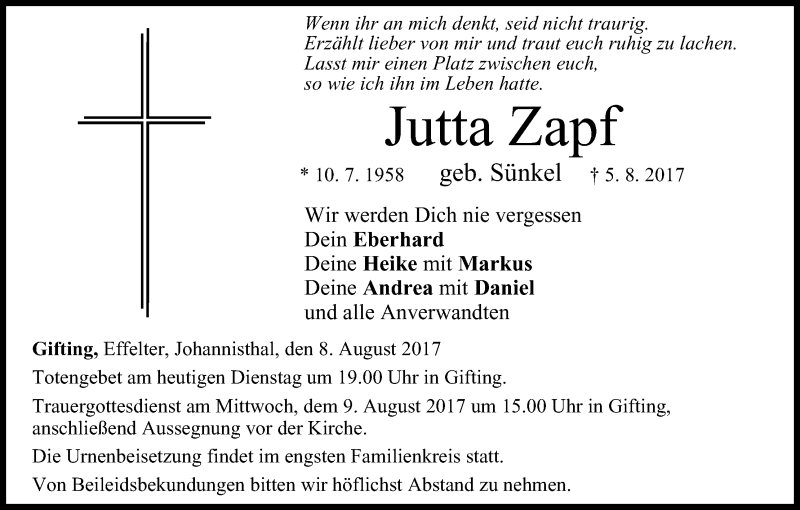  Traueranzeige für Jutta Zapf vom 08.08.2017 aus MGO