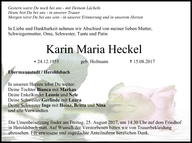  Traueranzeige für Karin Maria Heckel vom 23.08.2017 aus MGO