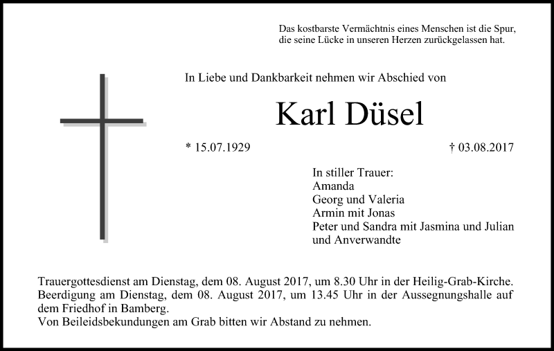  Traueranzeige für Karl Düsel vom 05.08.2017 aus MGO