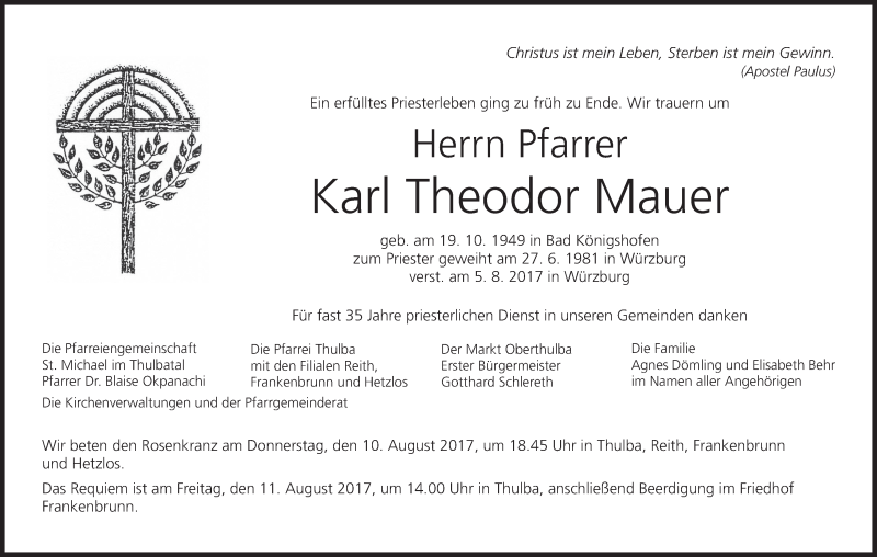  Traueranzeige für Karl Theodor Mauer vom 09.08.2017 aus MGO