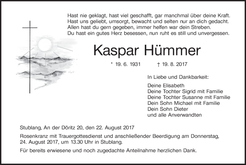  Traueranzeige für Kaspar Hümmer vom 22.08.2017 aus MGO