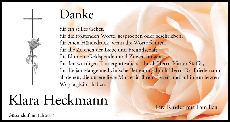  Traueranzeige für Klara Heckmann vom 05.08.2017 aus MGO