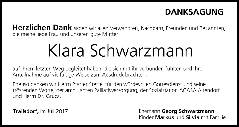  Traueranzeige für Klara Schwarzmann vom 05.08.2017 aus MGO