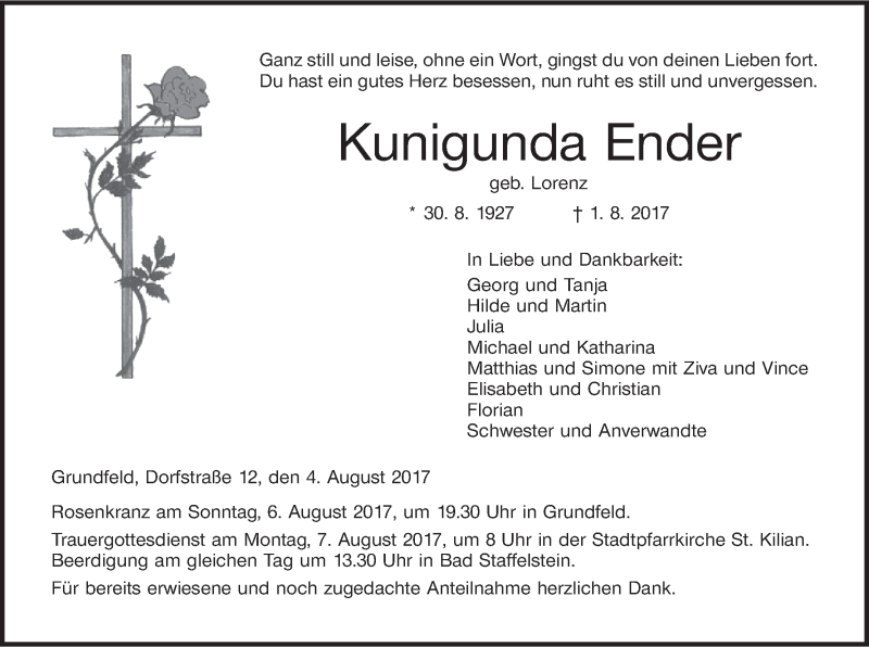  Traueranzeige für Kunigunda Ender vom 04.08.2017 aus MGO