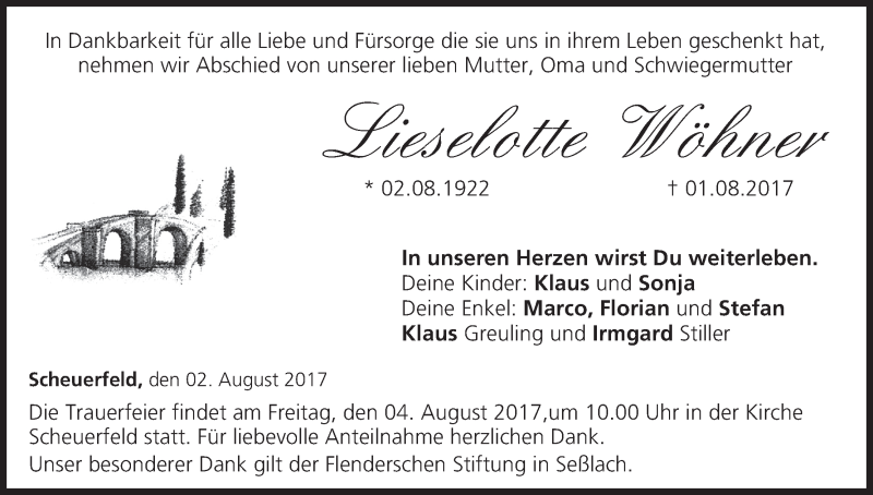  Traueranzeige für Lieselotte Wöhner vom 02.08.2017 aus MGO