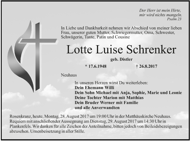  Traueranzeige für Lotte Luise Schrenker vom 28.08.2017 aus MGO