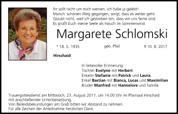 Anzeige von Margarete Schlomski von MGO