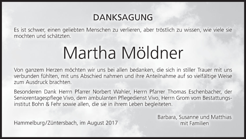  Traueranzeige für Martha Möldner vom 12.08.2017 aus MGO