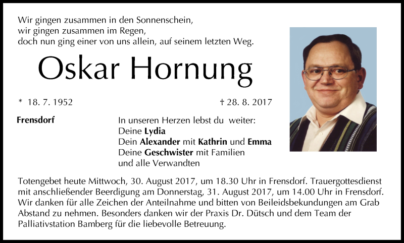  Traueranzeige für Oskar Hornung vom 30.08.2017 aus MGO