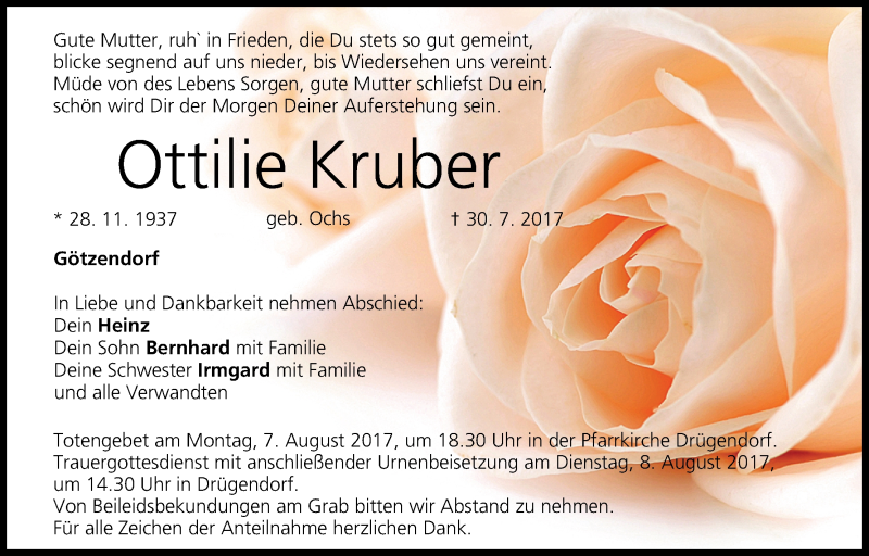  Traueranzeige für Ottilie Kruber vom 03.08.2017 aus MGO