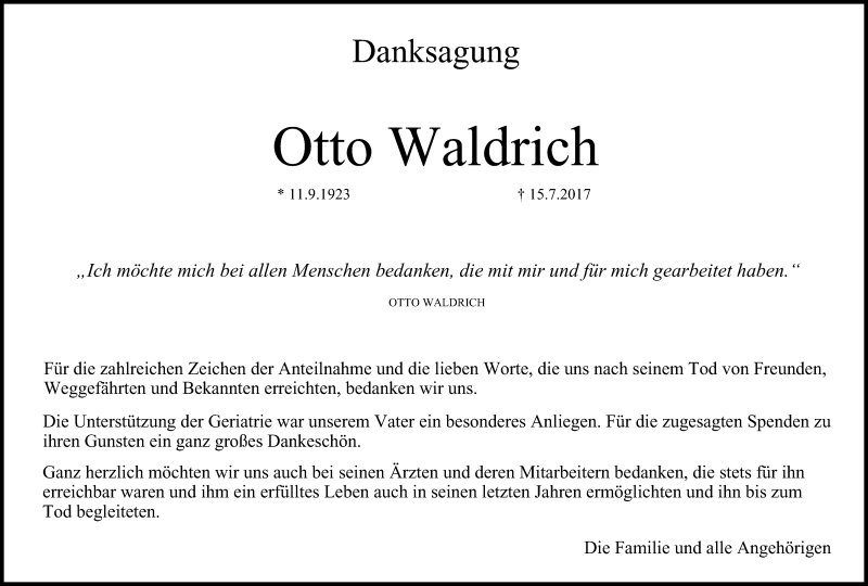  Traueranzeige für Otto Waldrich vom 05.08.2017 aus MGO