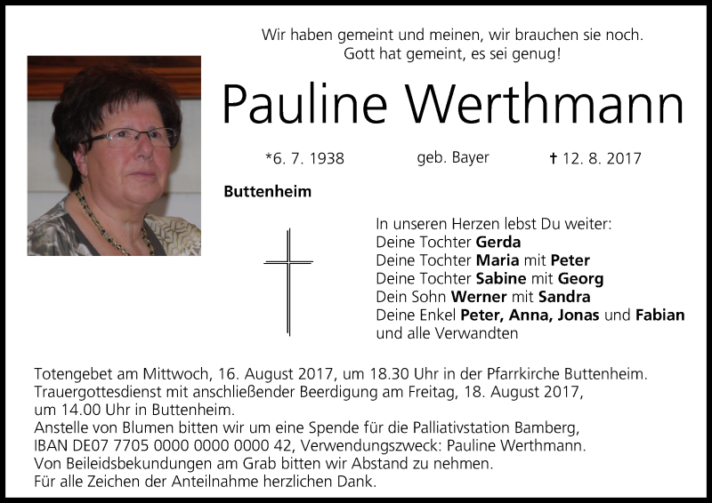  Traueranzeige für Pauline Werthmann vom 15.08.2017 aus MGO