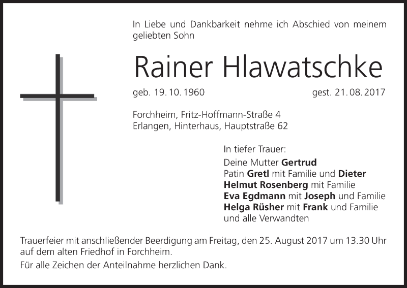 Traueranzeige für Rainer Hlawatschke vom 24.08.2017 aus MGO