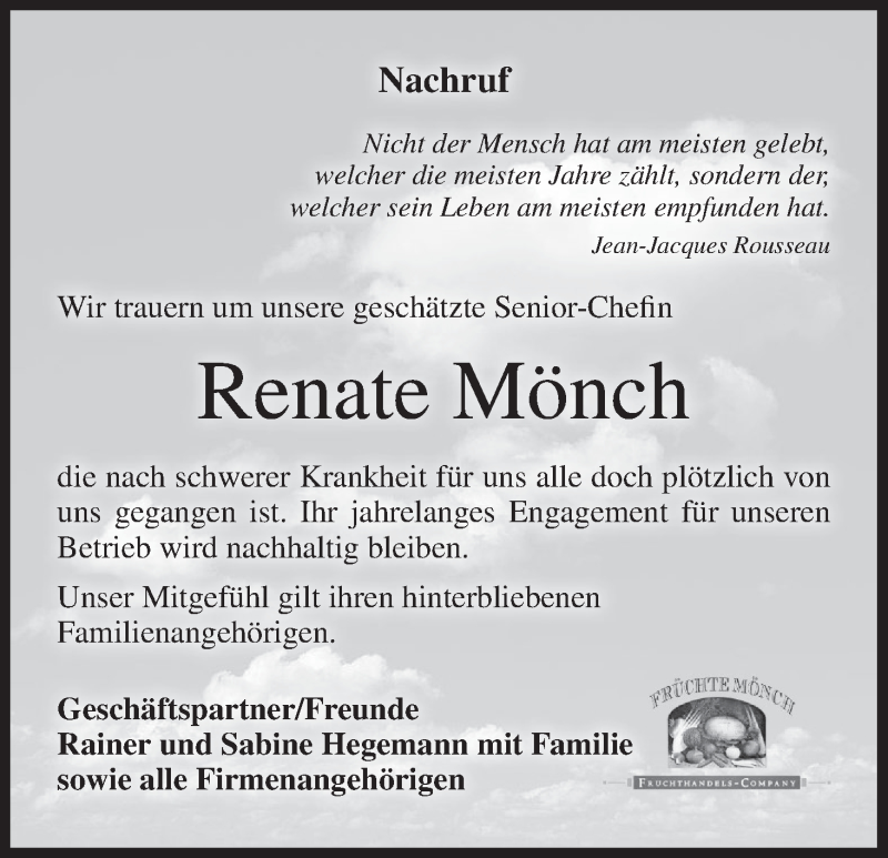  Traueranzeige für Renate Mönch vom 01.08.2017 aus MGO