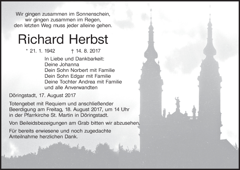  Traueranzeige für Richard Herbst vom 17.08.2017 aus MGO