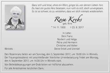 Anzeige von Rosa Krebs von MGO