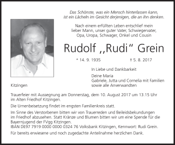Anzeige von Rudolf Grein von MGO