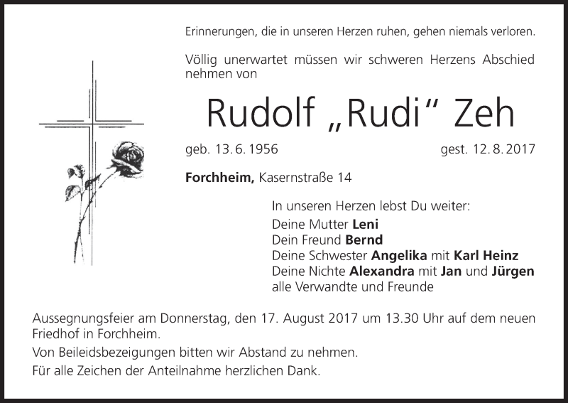  Traueranzeige für Rudolf Zeh vom 15.08.2017 aus MGO