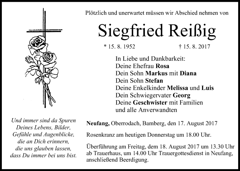  Traueranzeige für Siegfried Reißig vom 17.08.2017 aus MGO