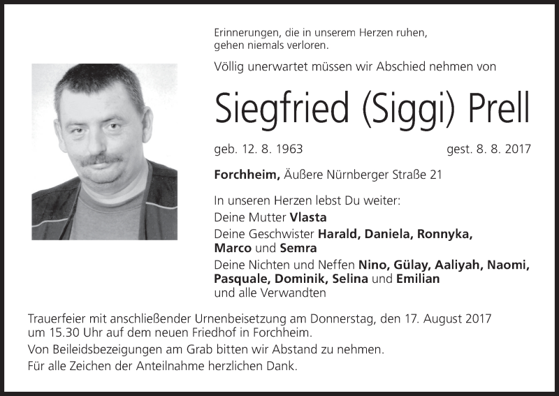  Traueranzeige für Siegfried Siggi Prell vom 14.08.2017 aus MGO