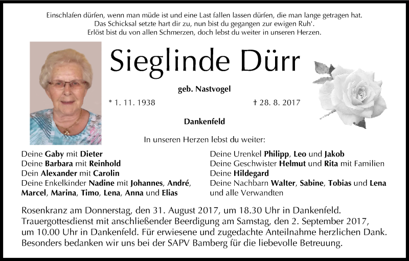  Traueranzeige für Sieglinde Dürr vom 30.08.2017 aus MGO