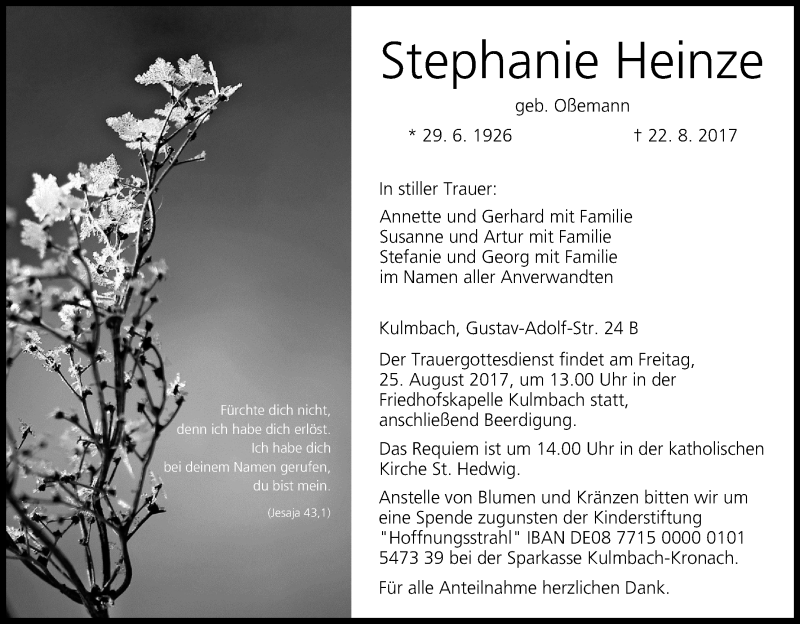  Traueranzeige für Stephanie Heinze vom 23.08.2017 aus MGO