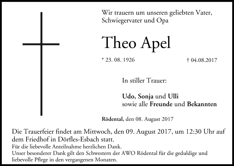  Traueranzeige für Theo Apel vom 08.08.2017 aus MGO