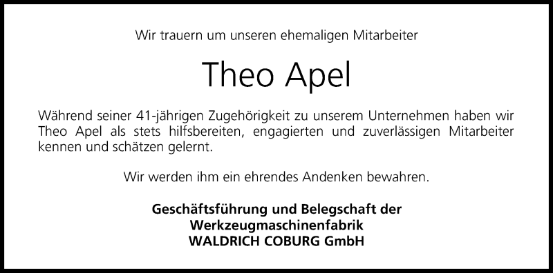  Traueranzeige für Theo Apel vom 09.08.2017 aus MGO