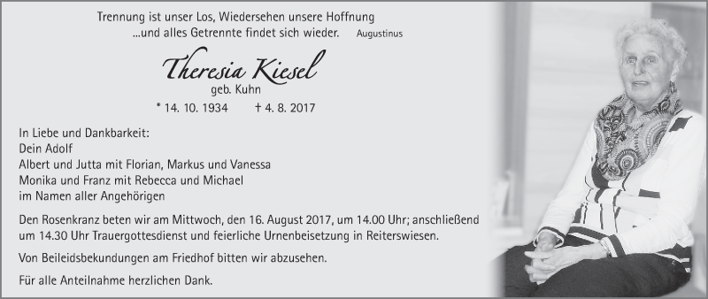  Traueranzeige für Theresia Kiesel vom 12.08.2017 aus MGO