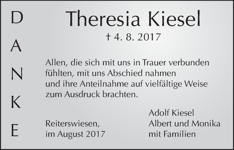  Traueranzeige für Theresia Kiesel vom 26.08.2017 aus MGO