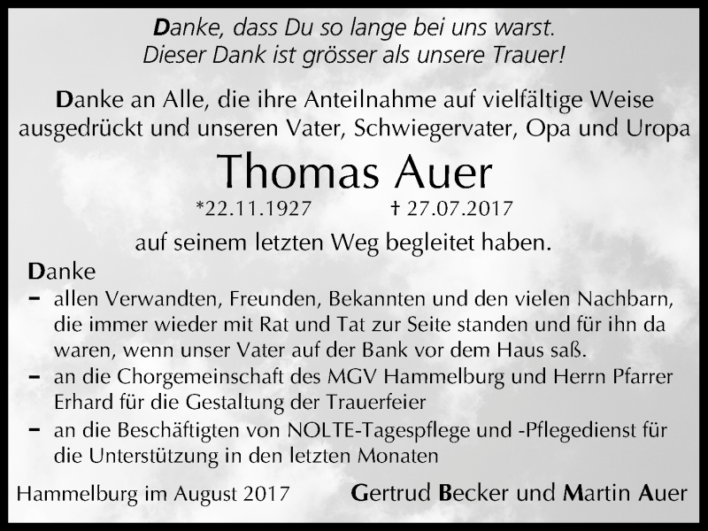  Traueranzeige für Thomas Auer vom 12.08.2017 aus MGO