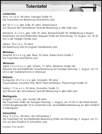 Anzeige von Totentafel vom 01.08.2017 von MGO