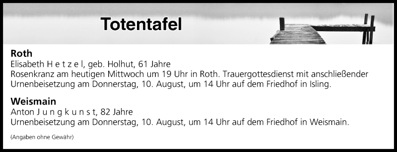  Traueranzeige für Totentafel vom 09.08.2017 vom 09.08.2017 aus MGO