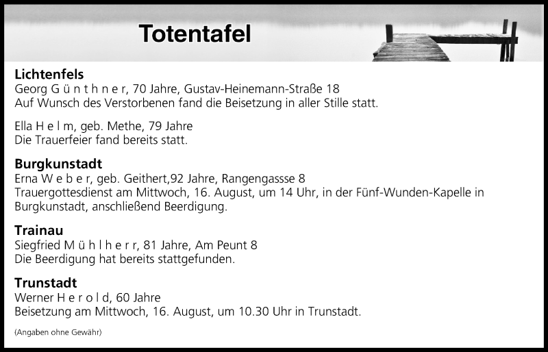  Traueranzeige für Totentafel vom 15.08.2017 vom 15.08.2017 aus MGO